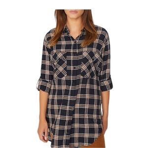 Sanctuary Main St. Boyfriend Tunic Plaid Blue Gold Anthropologie Size M